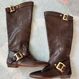 BCBGMAXAZRIA Brown Leather Boots Gold Buckle